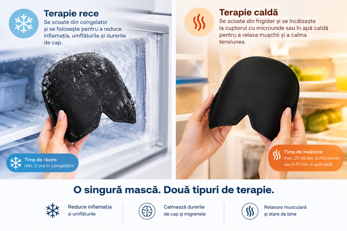 Ameliorează durerile de cap și migrenele prin terapie caldă sau rece cu masca din gel